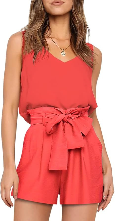 FANCYINN Womens 2 Piece Outfit Set V Neck Long Sleeves Tops High Waisted Paper Bag Pants with Bel... | Amazon (US)