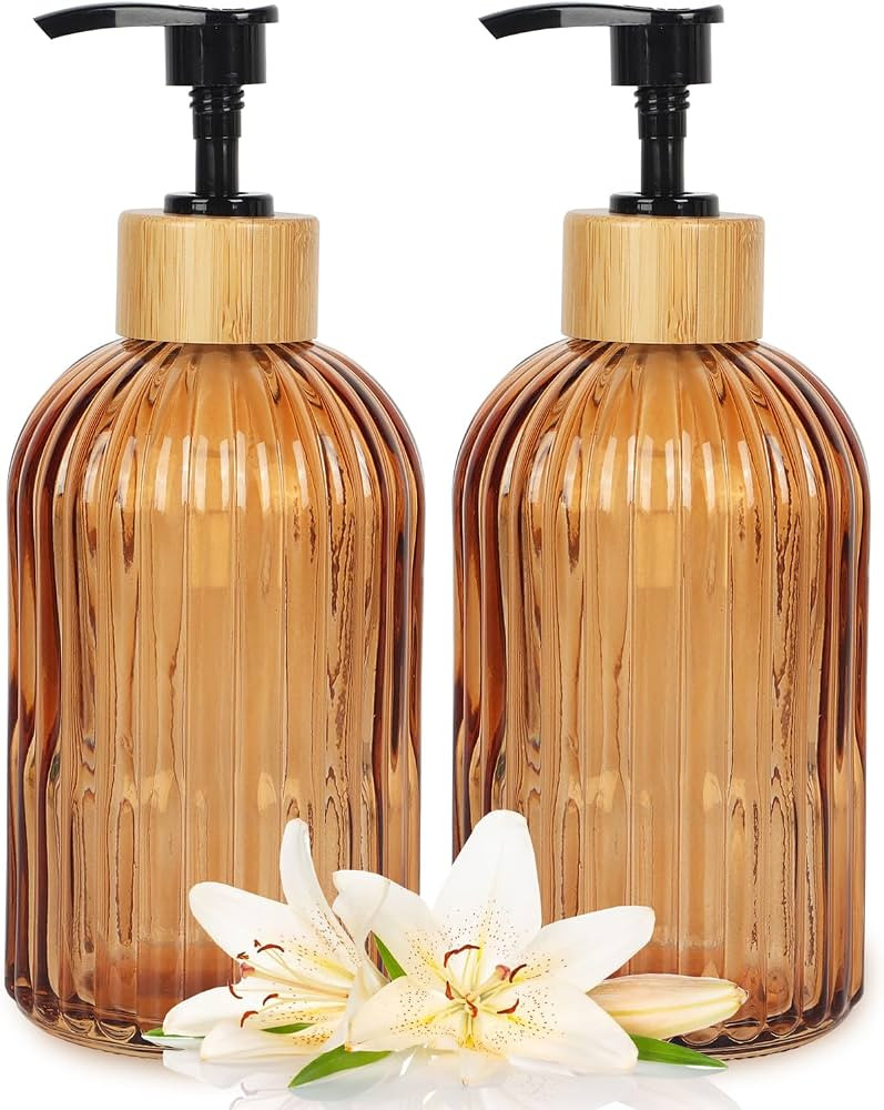 Amber Glass Soap Dispenser with Pump, 2 Pack 13.5oz Vertical Stripe Design Hand Soap Dispenser fo... | Amazon (US)