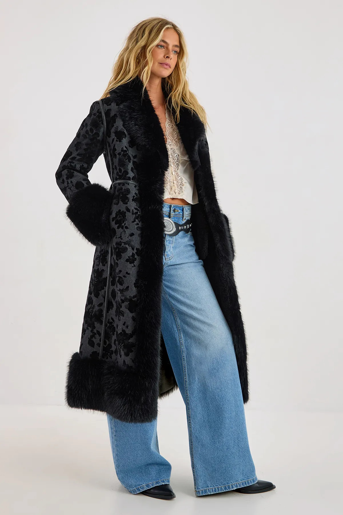 Faux Fur Floral Jacquard Maxi Coat | Nasty Gal US