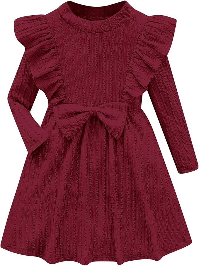 Girls Long Sleeve Ruffle Dresses Solid Ribbed Knit Fall Winter Dress for Toddler Casual Bowknot D... | Amazon (US)