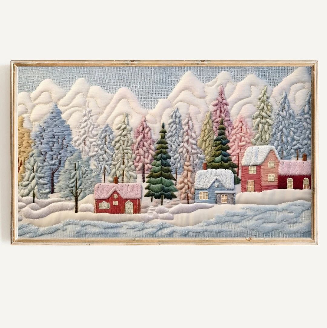 Winter FRAME TV Embroidery Art Digital Download Colorful Pastel Christmas 3D Textured Art File Em... | Etsy (US)