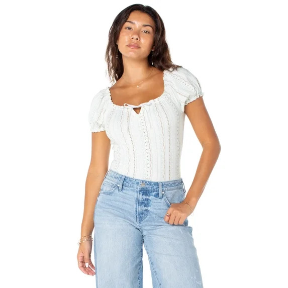 Celebrity Pink Women's Square Neck Ruffle Trim Puff Sleeve Bodysuit, Sizes XS-XXXL | Walmart (US)