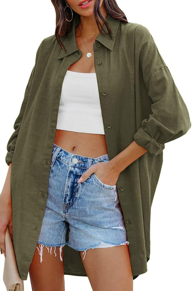 FSHAOES Womens Oversized Button Down Shirts Casual Loose Long Sleeve Solid Lapel Long Blouses Top... | Amazon (US)