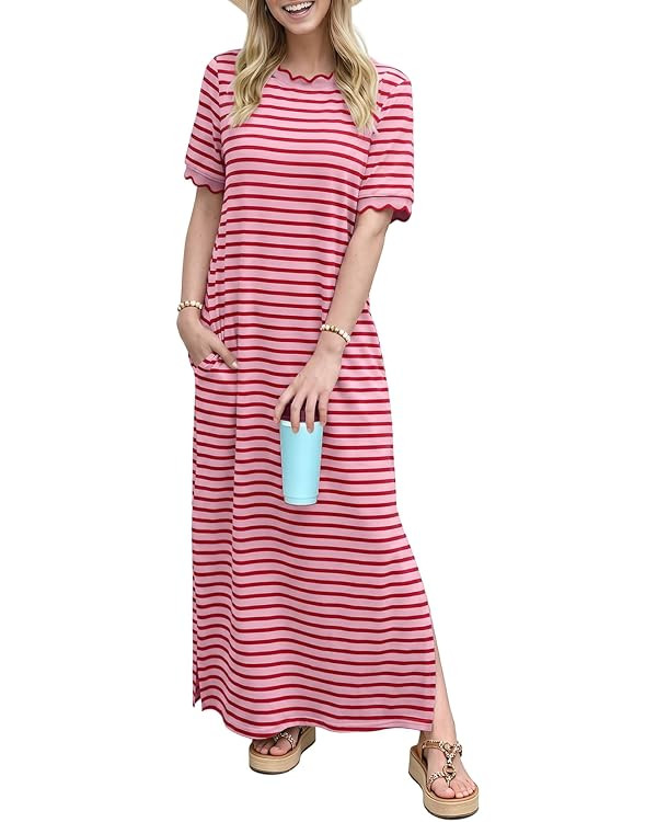 Dokotoo Summer Dresses for Women 2026 Short Sleeve Crewneck T-Shirt Dress Casual Striped Side Sli... | Amazon (US)