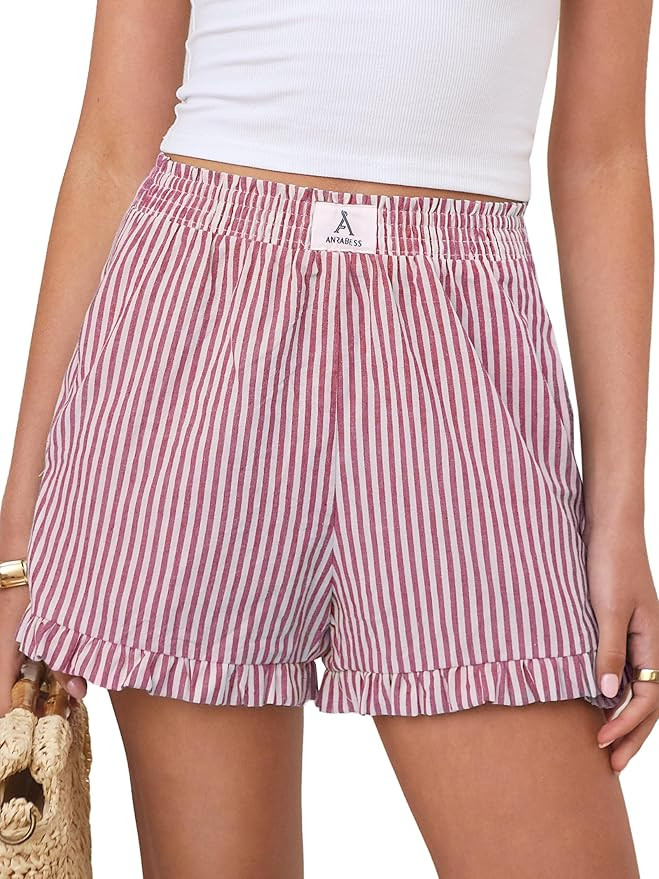 ANRABESS Boxer Shorts for Women,Gingham Plaid Elastic Waist Ruffle,Perfect for Lounge,Pajama&Slee... | Amazon (US)