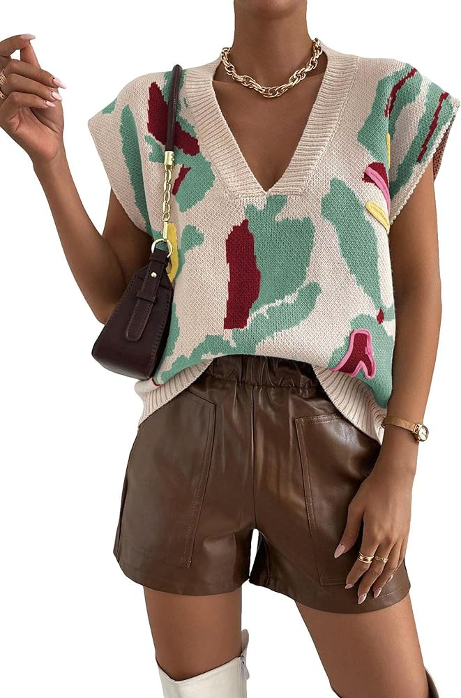 SweatyRocks Women's Colorblock Graphic Cap Sleeve V Neck Sweater Vest Casual Loose Fit Pullover S... | Amazon (US)