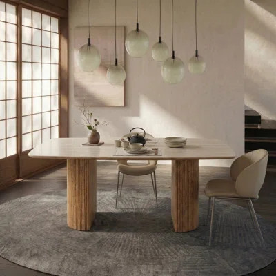 Mid-Century Modern Dining Table For 8, Beige Faux Travertine Sintered Stone Top, Solid Wood Dual-Pedestal Rectangle Dining Table | Wayfair North America