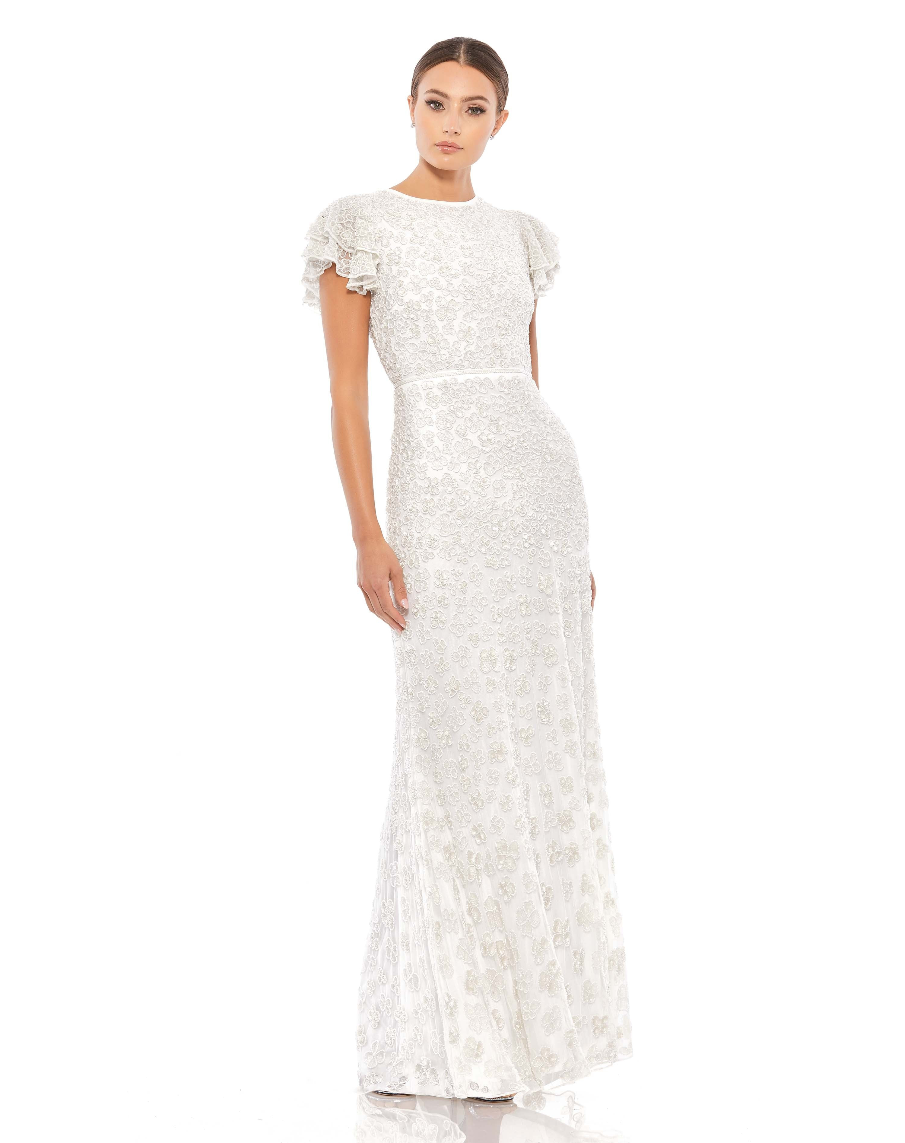 Floral Embellished Flutter Sleeve Evening Gown | Mac Duggal