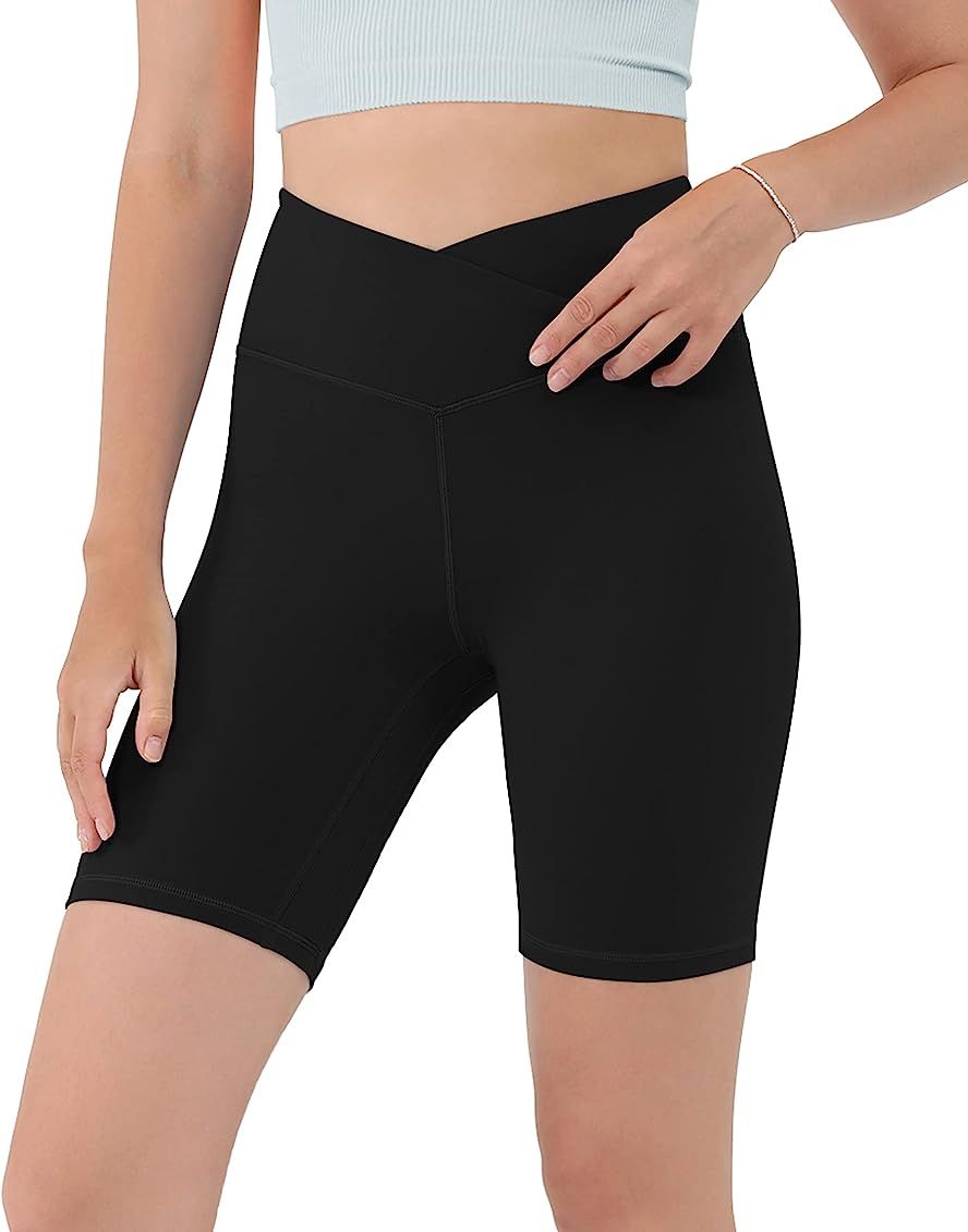 ODODOS Women's Cross Waist Biker Shorts with Inner Pocket, Sports Athletic Workout Running Yoga Shor | Amazon (US)