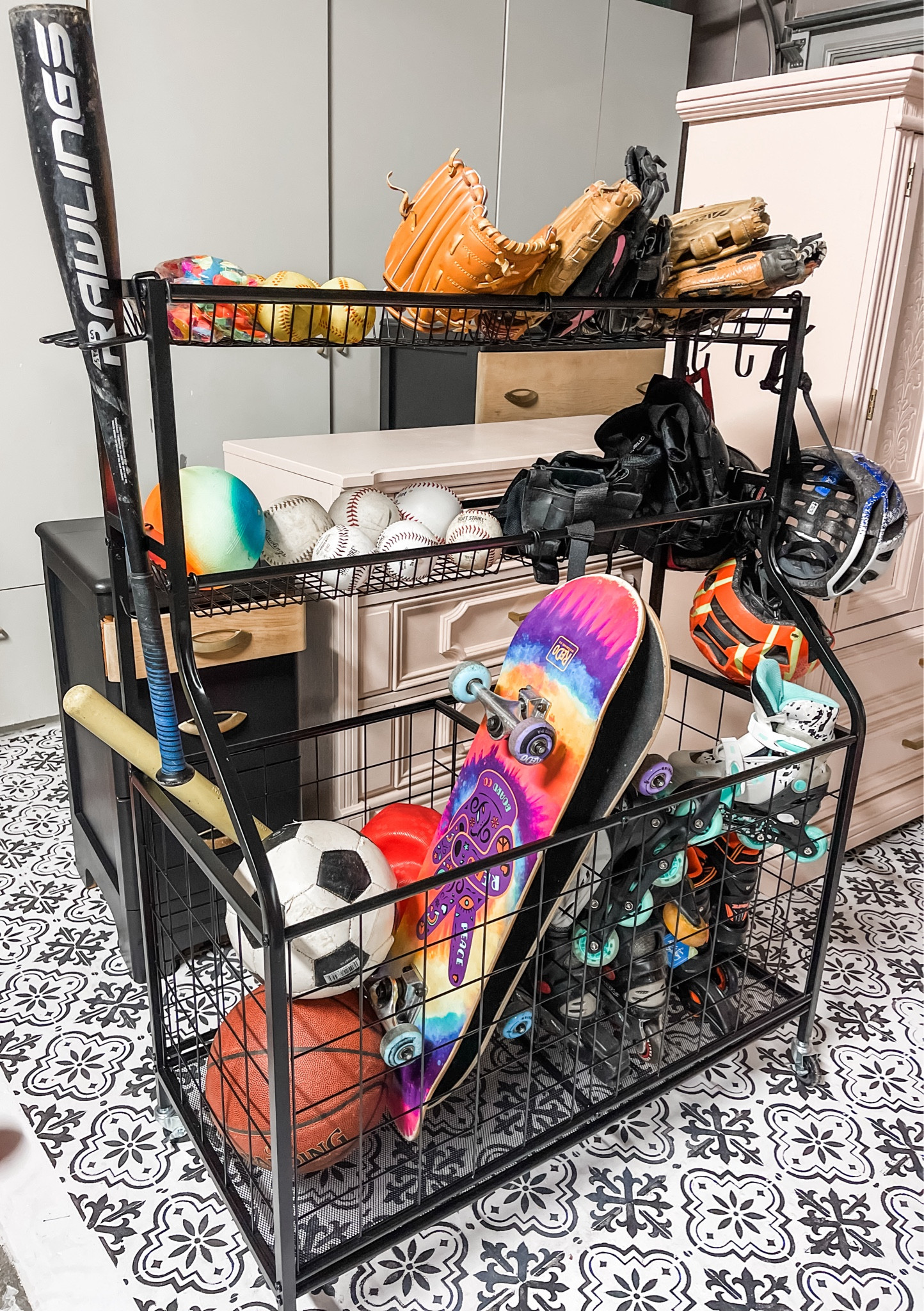 Sports storage rack organizer!
Time to organize the garage and have one place for all my children’s toys! 