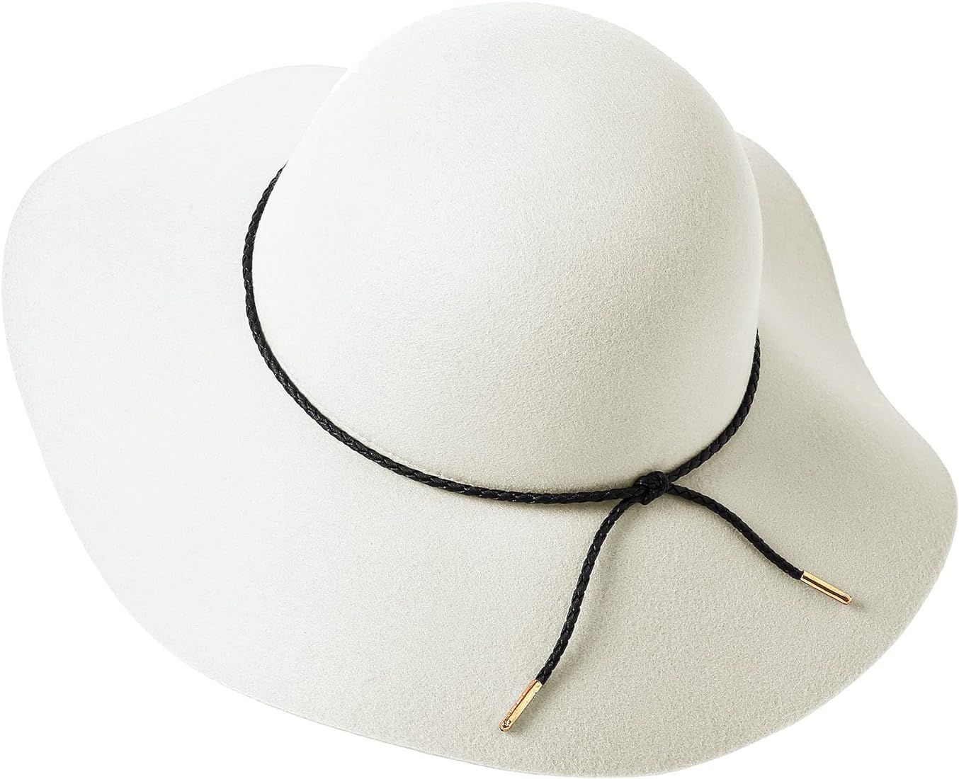 Lanzom Women Lady Retro Wide Brim Large Floppy Panama Hat Belt Wool Fedora Hat | Amazon (US)