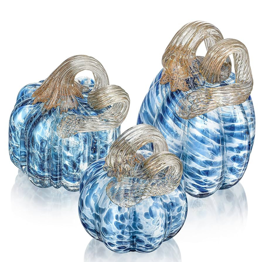 H&D HYALINE & DORA Blue Hand Blown Glass Pumpkins Set of 3 Crystal Pumpkin Figurine Collectibles ... | Amazon (US)