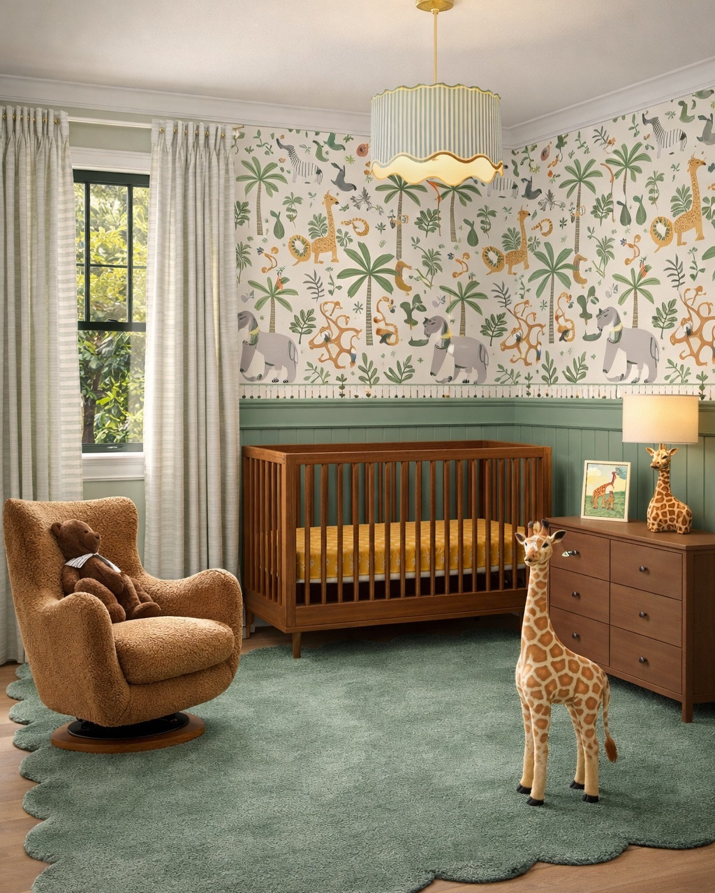 Cute zoo-inspired nursery design! Gorgeous wallpaper and scalloped light, giraffe table lamp, beautiful crib and dresser, green scalloped rug and rocker. #homedecor #furniture

#LTKHome #LTKBump #LTKBaby