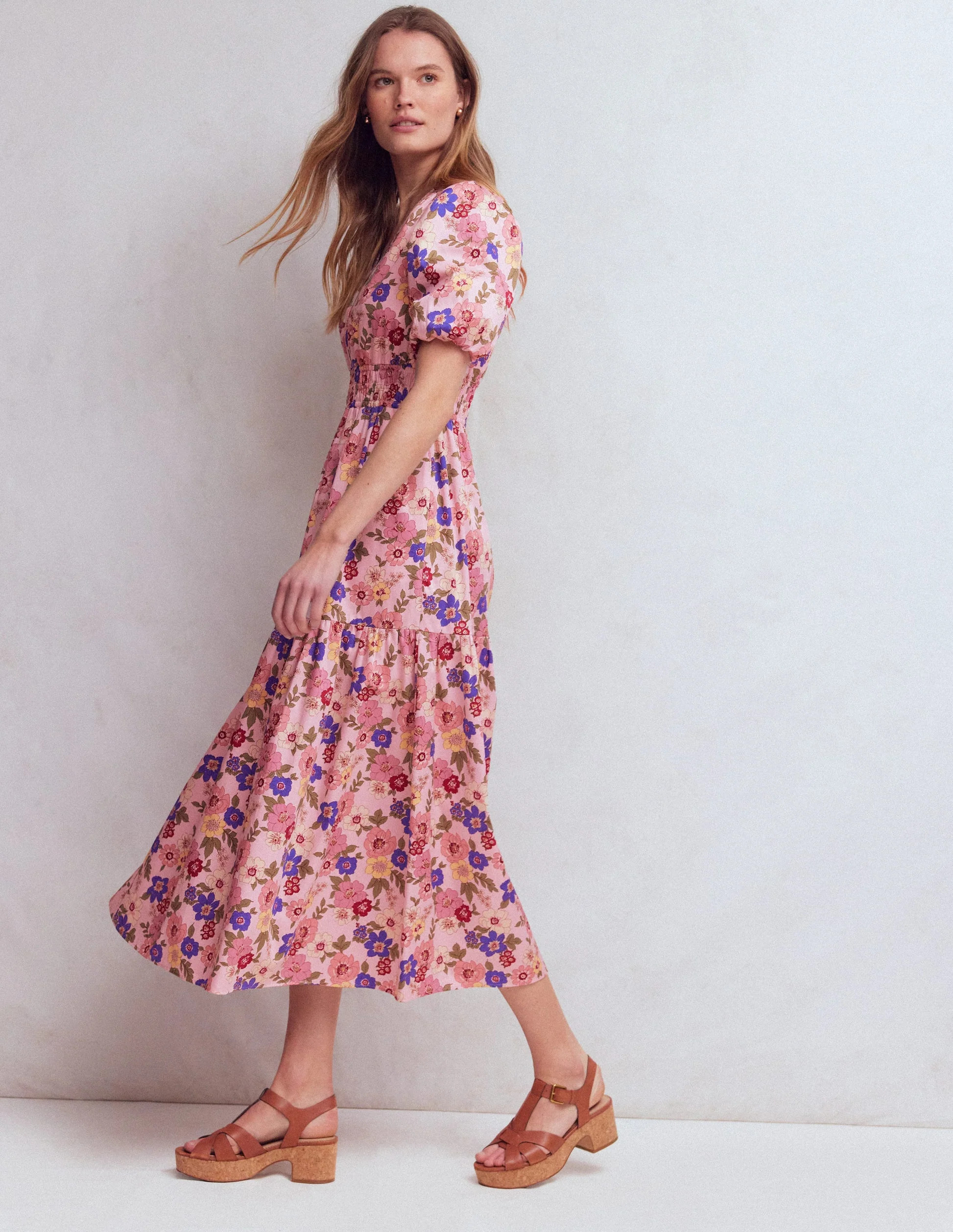 Irene Puff Sleeve Cotton Dress-Pink, Blossomy Garden | Boden UK