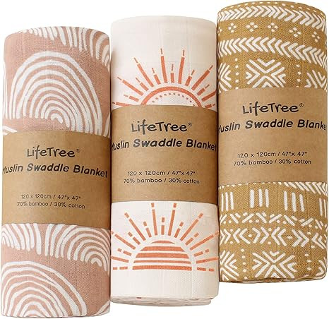LifeTree 3 Pack Muslin Swaddle Blankets - Soft Bamboo Cotton Baby Swaddle Blankets Unisex for Boy... | Amazon (US)