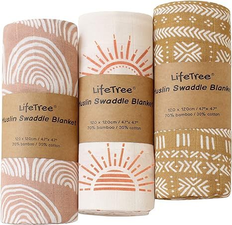 LifeTree 3 Pack Muslin Swaddle Blankets - Soft Bamboo Cotton Baby Swaddle Blankets Unisex for Boy... | Amazon (US)