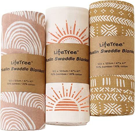 LifeTree 3 Pack Muslin Swaddle Blankets - Soft Bamboo Cotton Baby Swaddle Blankets Unisex for Boy... | Amazon (US)