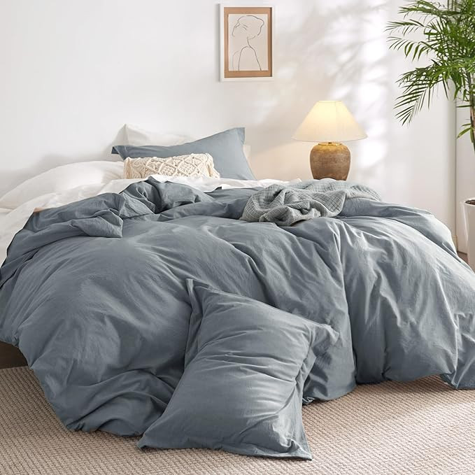 Bedsure 100% Washed Cotton Duvet Cover King Size - Grey Blue Minimalist Cotton Duvet Cover Linen ... | Amazon (US)