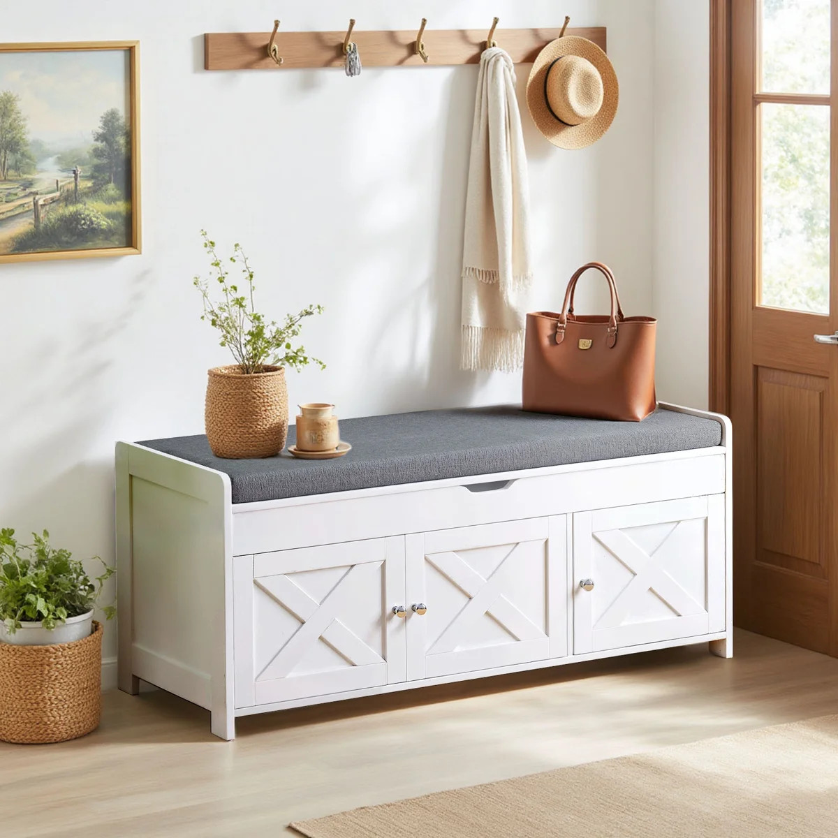 39.5" Shoe Storage Bench with Lift-Top Storage and Removable Cushion, Shoe Bench with Barn Doors ... | Wayfair North America