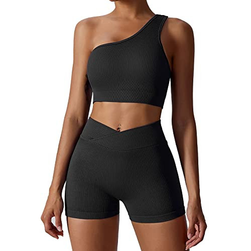 ABOCIW Workout Sets for Women Seamless Ribbed Cut Out Back One Shoulder Sport Bra High Waist Cross Over Booty Workout Shorts 2 Piece Gym Sets Cross Waist Black Medium | Amazon (US)