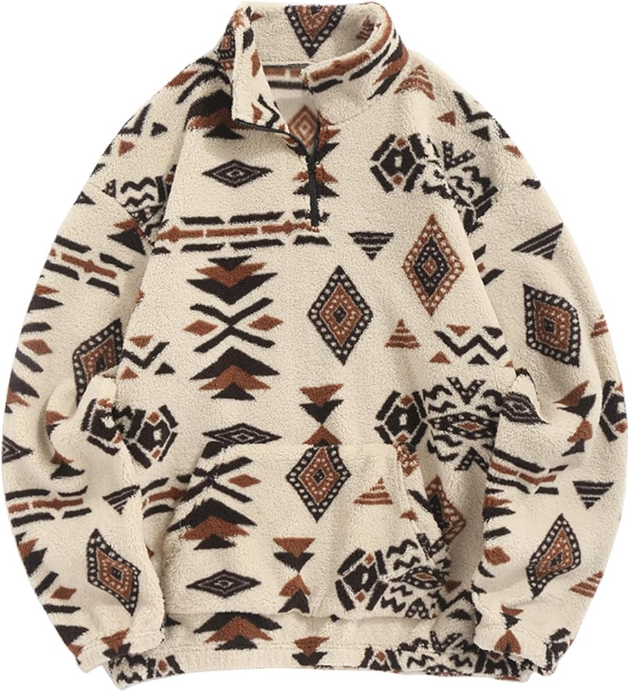 ZAFUL Mens 1/4 Zipper Fleece Sherpa Pullover Sweatshirt Ethnic Aztec Printed Kangaroo Pocket Fall... | Amazon (US)
