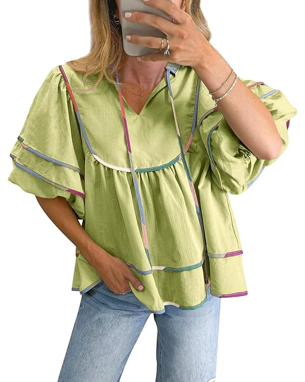 Cicy Bell Womens Summer Babydoll Tops V Neck Short Lantern Sleeve Shirts Cute Loose Fit Peplum Fl... | Amazon (US)