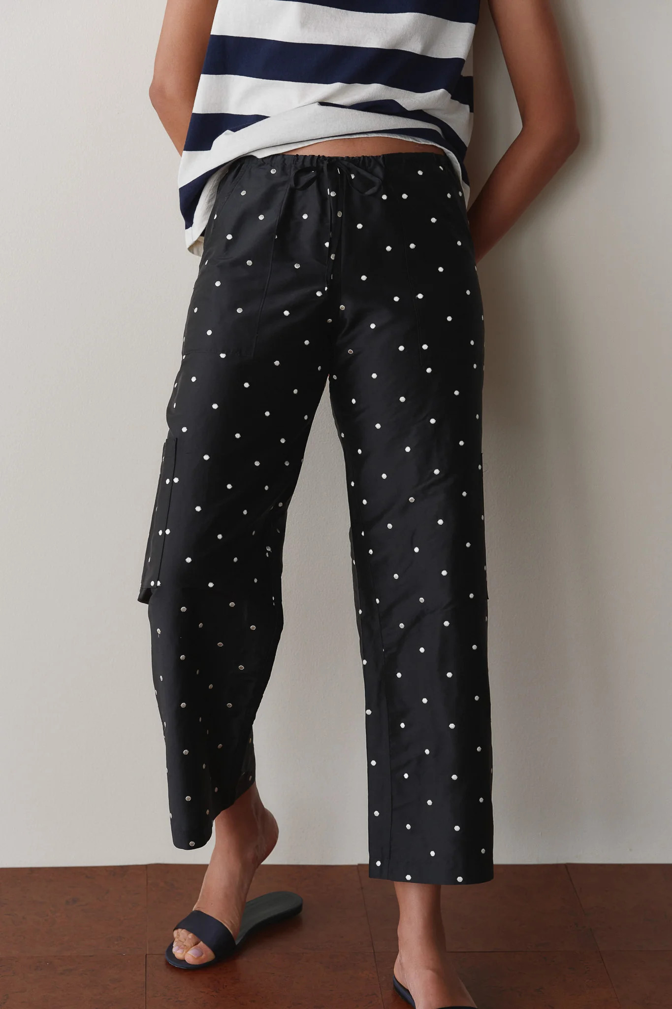 Jet Polka Dot Silk Taffeta Cargo Pant \u2013 DONNI. | 100% Silk Taffeta | DONNI.