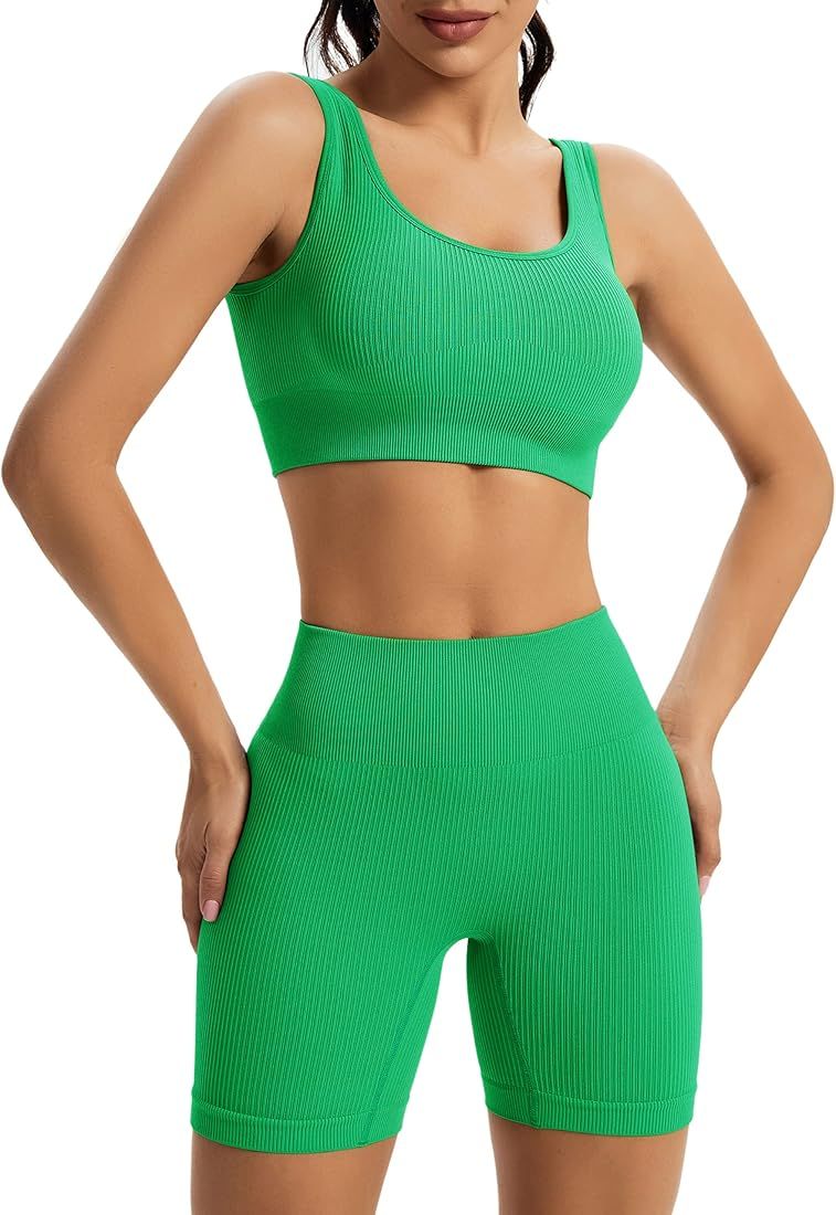 Chiphell Ribbed Workout Sets for Women 2 Piece Square Neck Crop Top and High Waist Biker Shorts S... | Amazon (US)