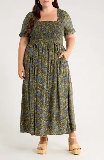 Chelsea28 Smocked Ruffle Maxi Dress in Navy- Yellow Jasmine Boho at Nordstrom Rack, Size 3X | Nordstrom Rack