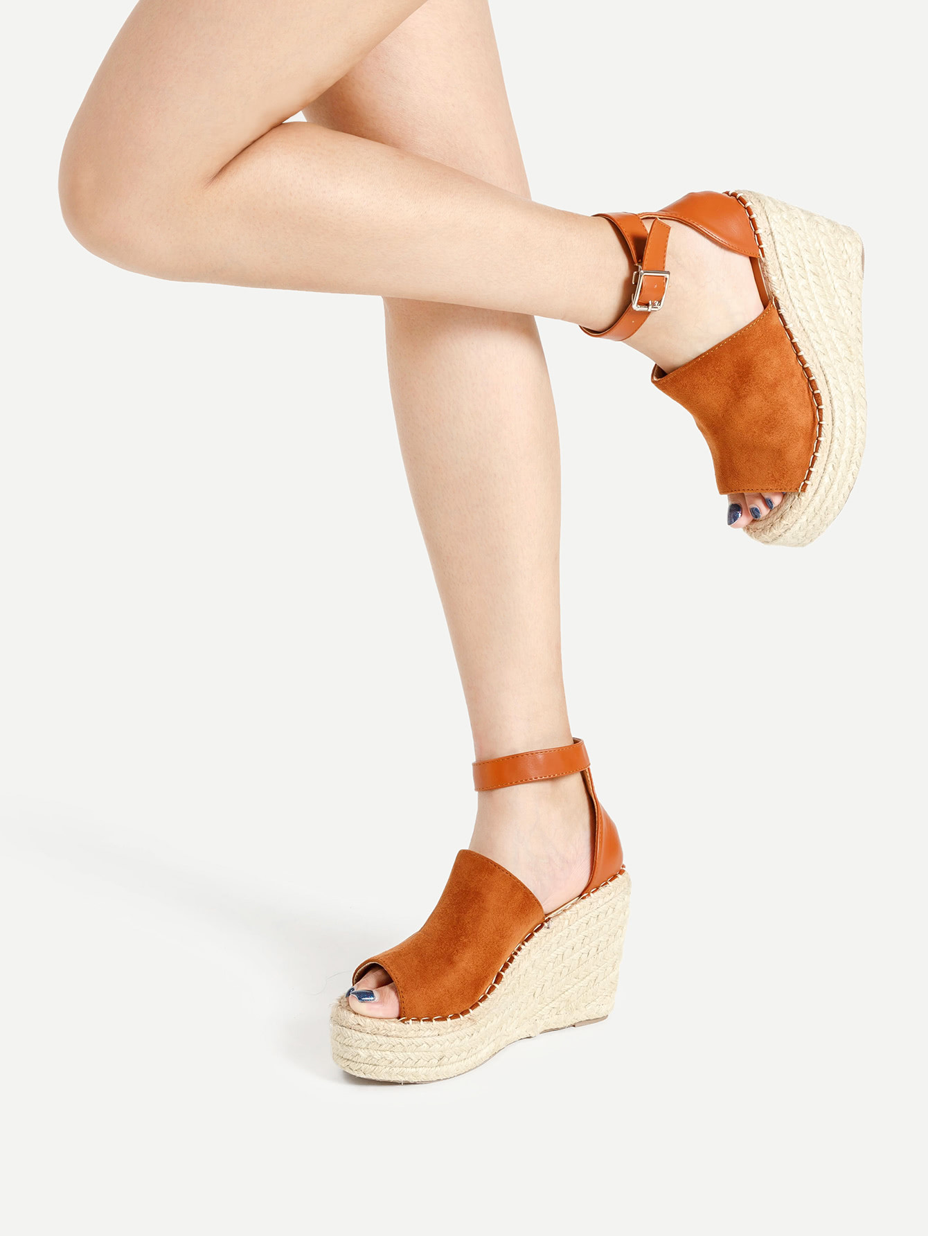 Open Toe Ankle Strap Woven Wedges | SHEIN