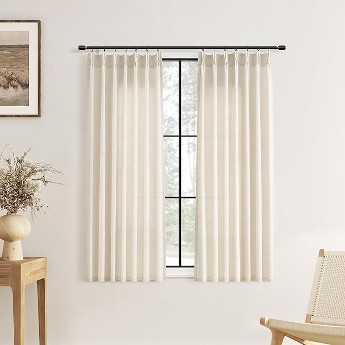 Short Pinch Pleated Linen Curtains 45 Inch Length for Kitchen Natural Cream Beige Country Farmhou... | Amazon (US)