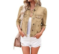 Vetinee Womens Jean Jacket Cropped Denim Jackets Stretchy 3/4 Puff Sleeve Distressed Shacket with... | Amazon (US)