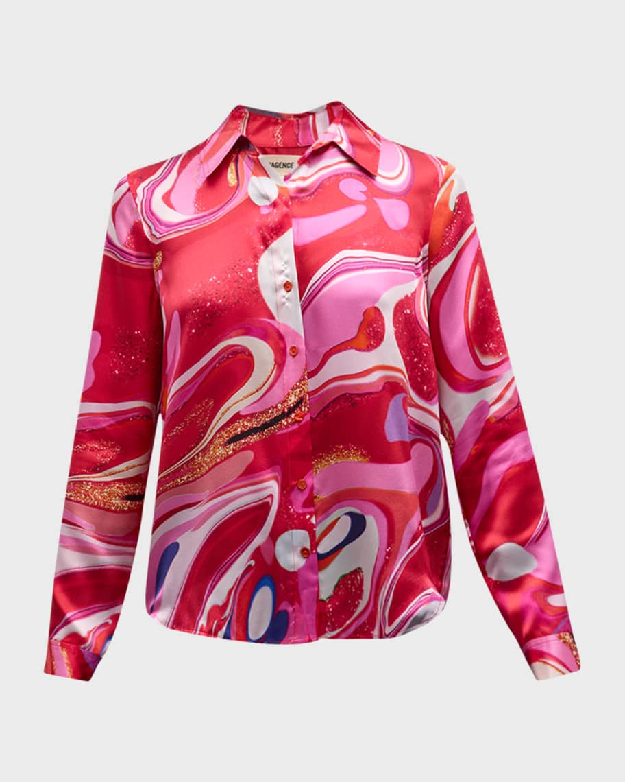 L'Agence Multi Tie-Dye Swirl Tyler Button-Front Silk Blouse | Neiman Marcus