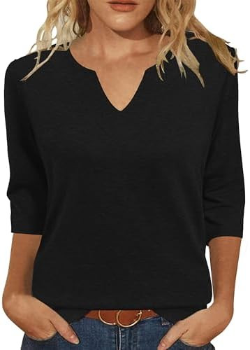 JomeDesign Womens Tops 3/4 Sleeve Shirts V Neck Loose Casual Blouses Solid Color Tshirts | Amazon (US)