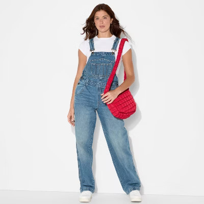 Women's Mid-Rise Denim Baggy Overalls - Wild Fable™ Medium Wash L | Target