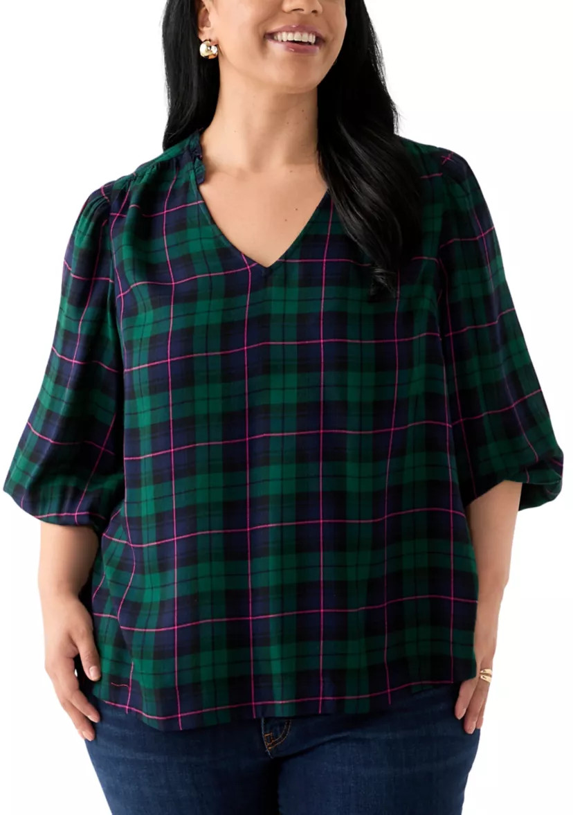 Plus Size Three-Quarter Sleeve Shirred Shoulder Shirt | Belk