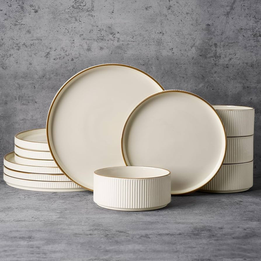 Famiware Star 12-Piece Stoneware Dinnerware Sets with Trim, Service for 4, Ceramic Plates and Bow... | Amazon (US)