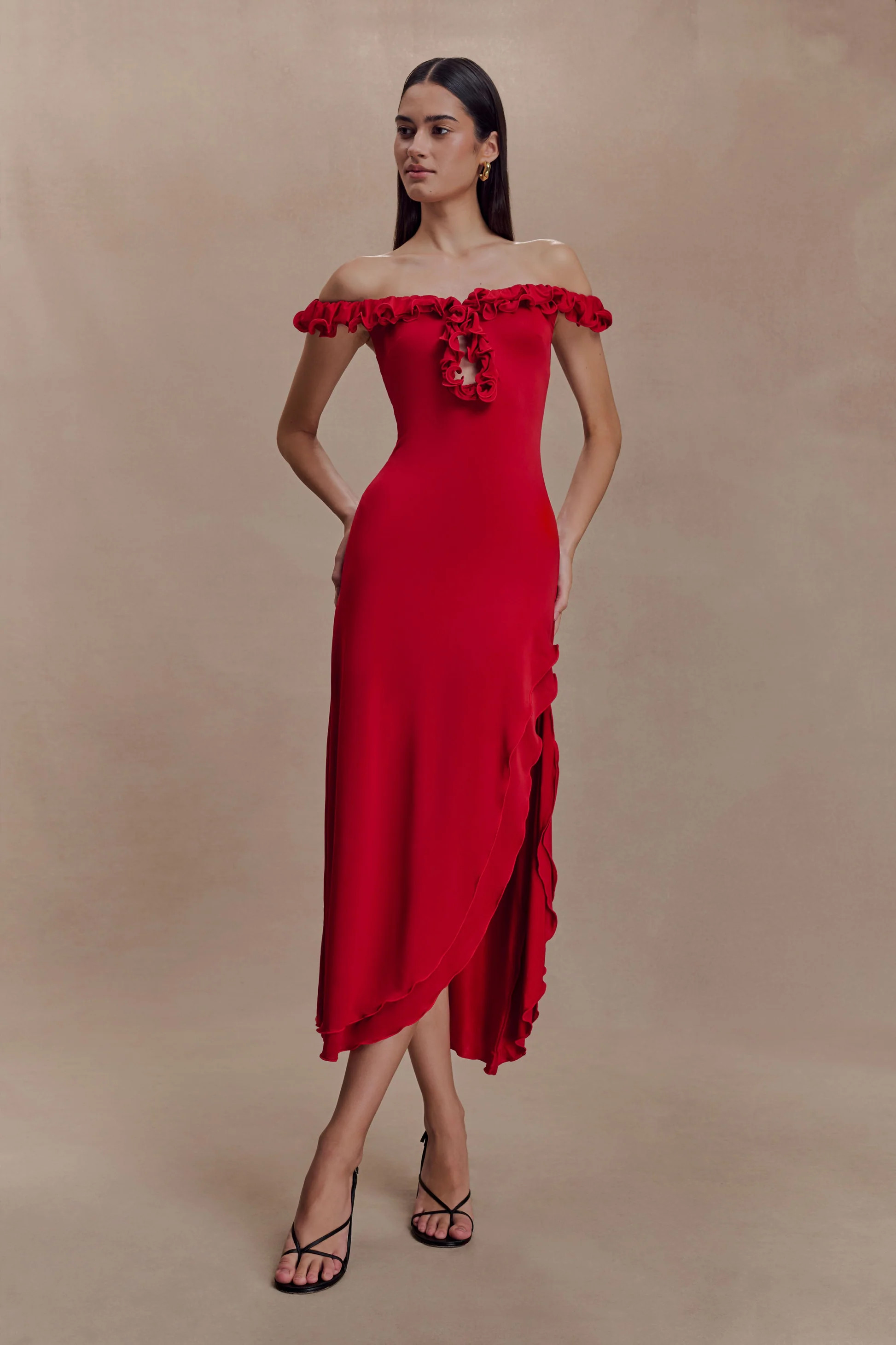 Off Shoulder Ruffle Midi Dress - Ruby | MESHKI US