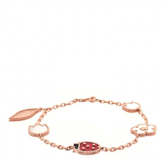 VAN CLEEF & ARPELS 18K Rose Gold Carnelian Mother of Pearl Onyx 5 Motifs Lucky Spring Bracelet | FASHIONPHILE (US)