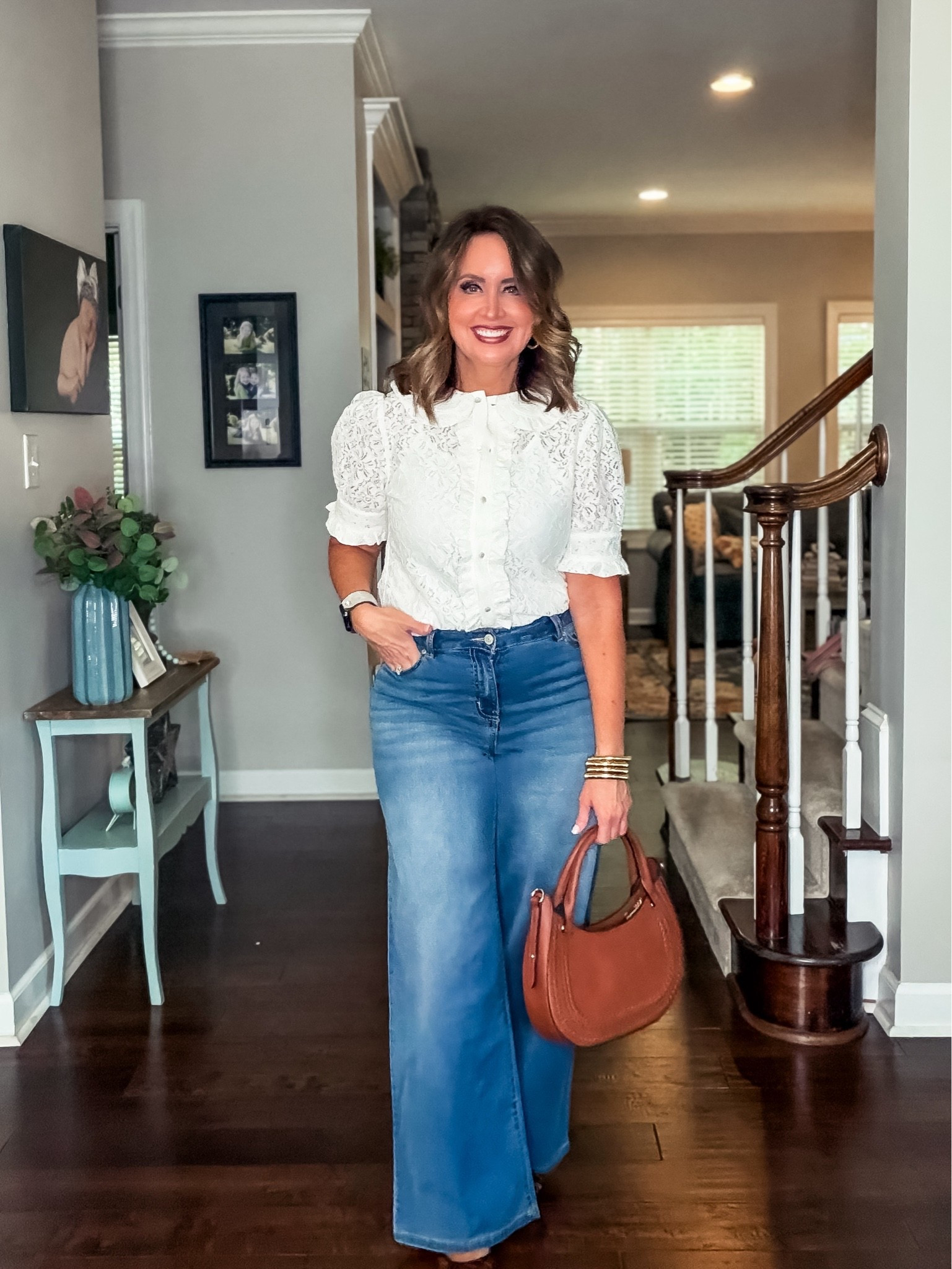 White lace top & wide leg jeans - true to size 

I sized down 1/2 size in sandals

#LTKOver40 #LTKootd #LTKSeasonal