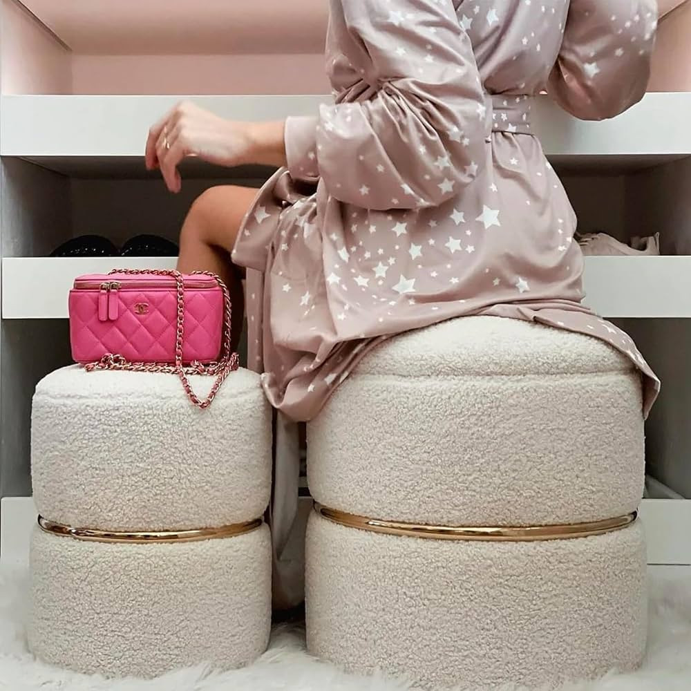Faux Fur Round Storage Ottoman Upholstered Vanity Stool Foot Rest with Gold Metal Hoop, Ottoman w... | Amazon (US)