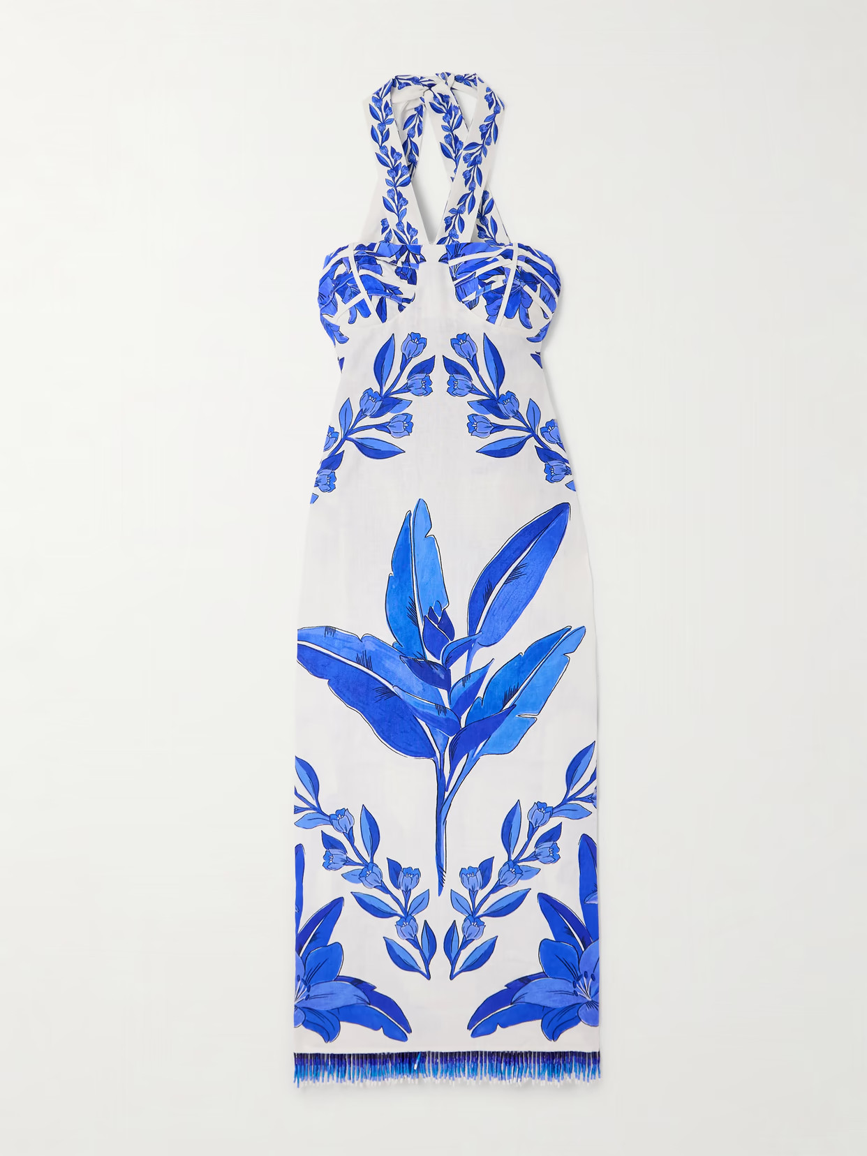 Farm Rio - Blue Yard Bead-embellished Floral-print Linen Halterneck Maxi Dress - small | NET-A-PORTER (US)