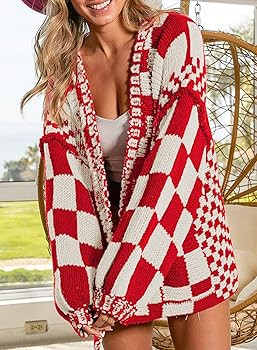SELINK Women's Cardigan Sweater Vintage Open Front Mixed Checkered Pattern Chunky Knit Plaid Long... | Amazon (US)