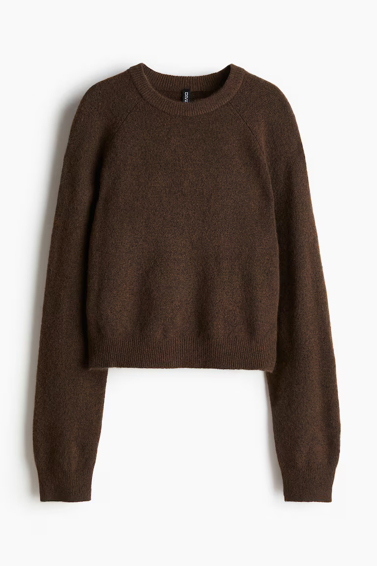 Short fine-knit jumper - Round neck - Long sleeve - Light beige marl - Ladies | H&M GB | H&M (UK, MY, IN, SG, PH, TW, HK)