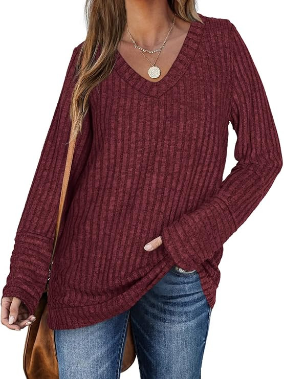 WIHOLL Sweaters for Women Long Sleeve V Neck Solid Color Fashion Tops | Amazon (US)