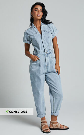 Jordyn Jumpsuit - Short Sleeve Collared Button Through Denim Jumpsuit in Light Blue | Showpo (ANZ)