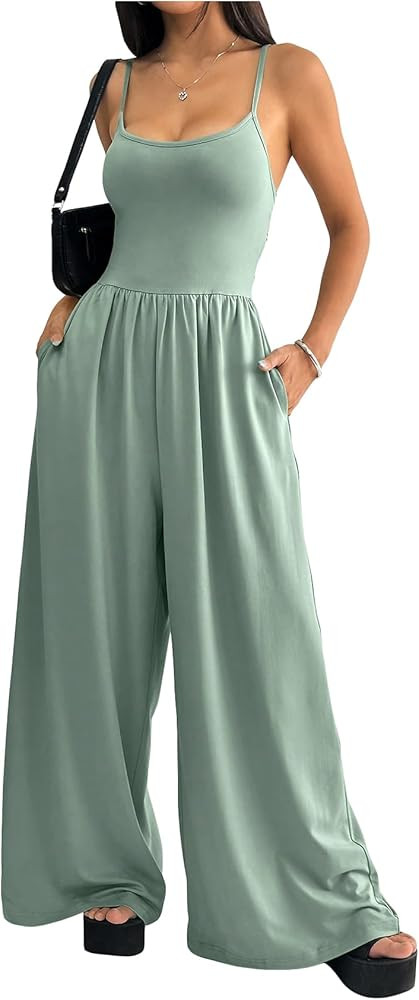 Floerns Women's Summer Jumpsuit Spaghetti Strap One Piece Outfit Wide Leg Baggy Pants Romper | Amazon (US)