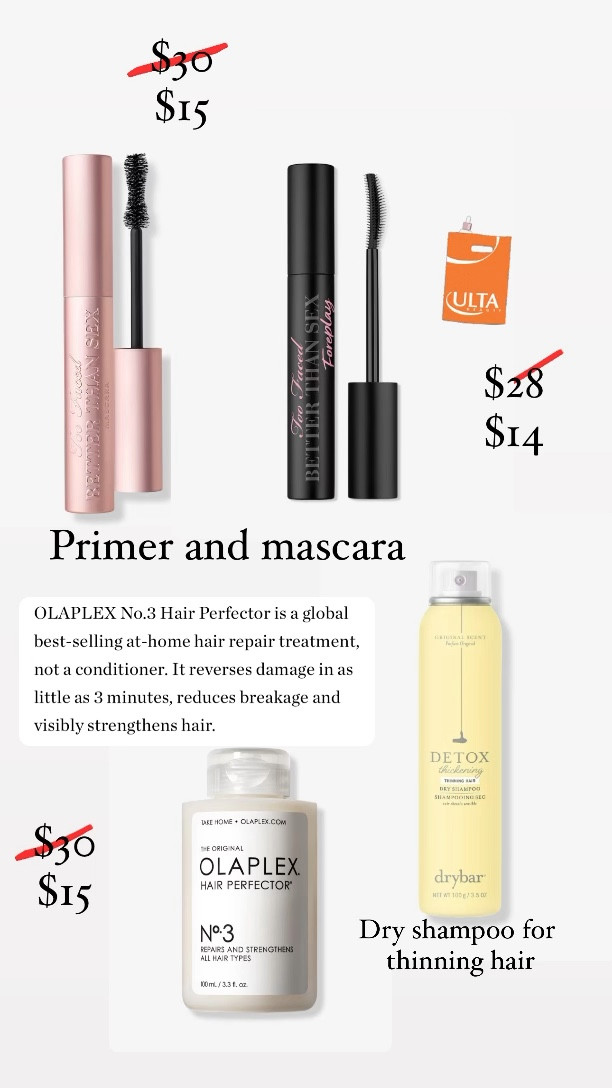 Ulta beauty savings event 
Mascara 
Dry shampoo Dry Bar 
Olaplex 
All 50% off 

#LTKFindsUnder50 #LTKSaleAlert #LTKBeauty