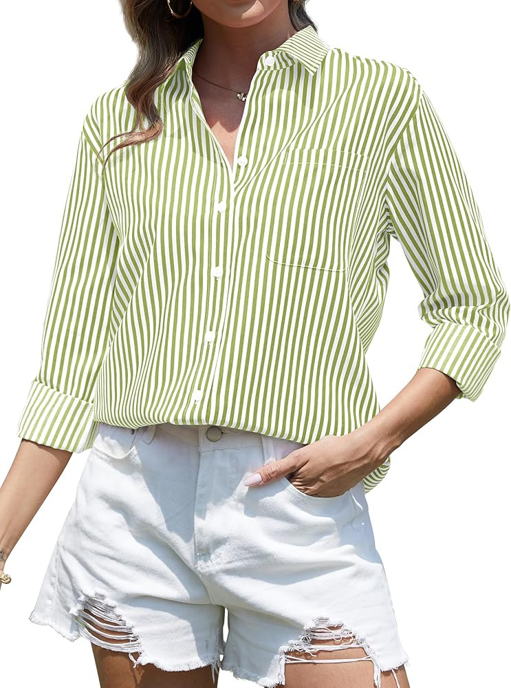 CUNLIN Grade 4 Wrinkle-Resistant Women's Button Down Shirts Striped Long Sleeve Collared Blouses ... | Amazon (US)