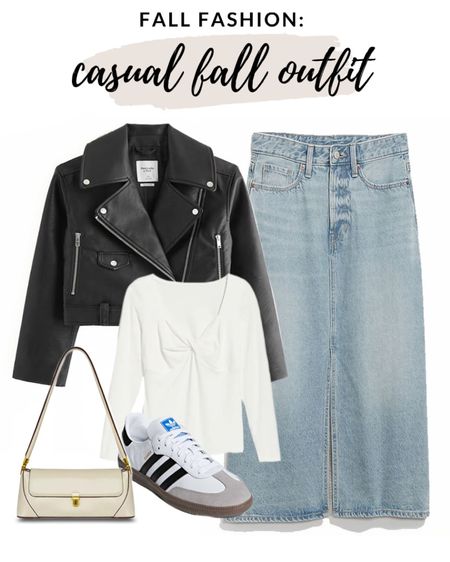 Casual and cute fall outfit idea! 

#fallfashion #classicfalloutfit #fallstyle

Denim midi skirt. Classic fall outfit. Faux leather jacket. Chic fall outfit idea. Trendy adidas sneakers  

#LTKSeasonal #LTKstyletip #LTKfindsunder100